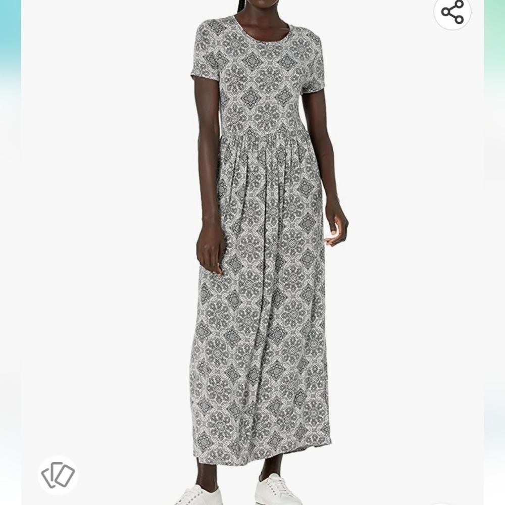 Amazon Essentials Short-Sleeve Waisted Maxi Dress in Gray Tile Print Size XS